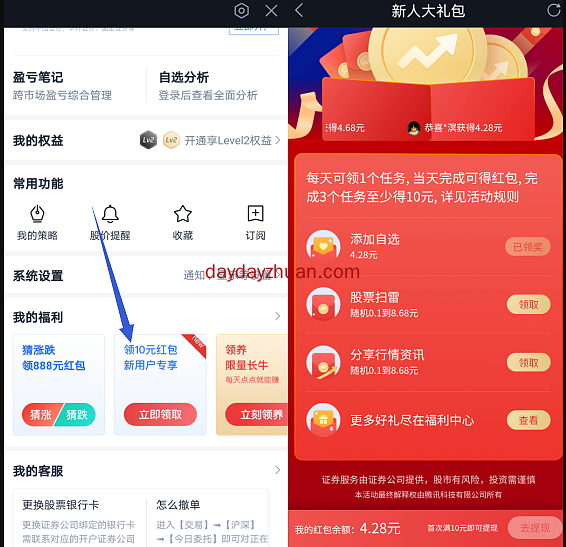 腾讯自选股：完成三个简单任务可以最少获得10元红包，仅限新用户  第1张