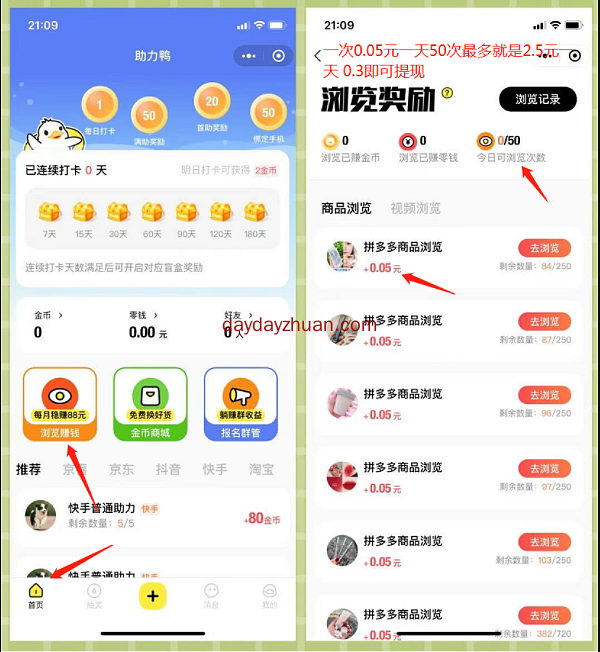 助力鸭：助力、浏览商品赚钱，每天赚2.5元以上靠谱吗？